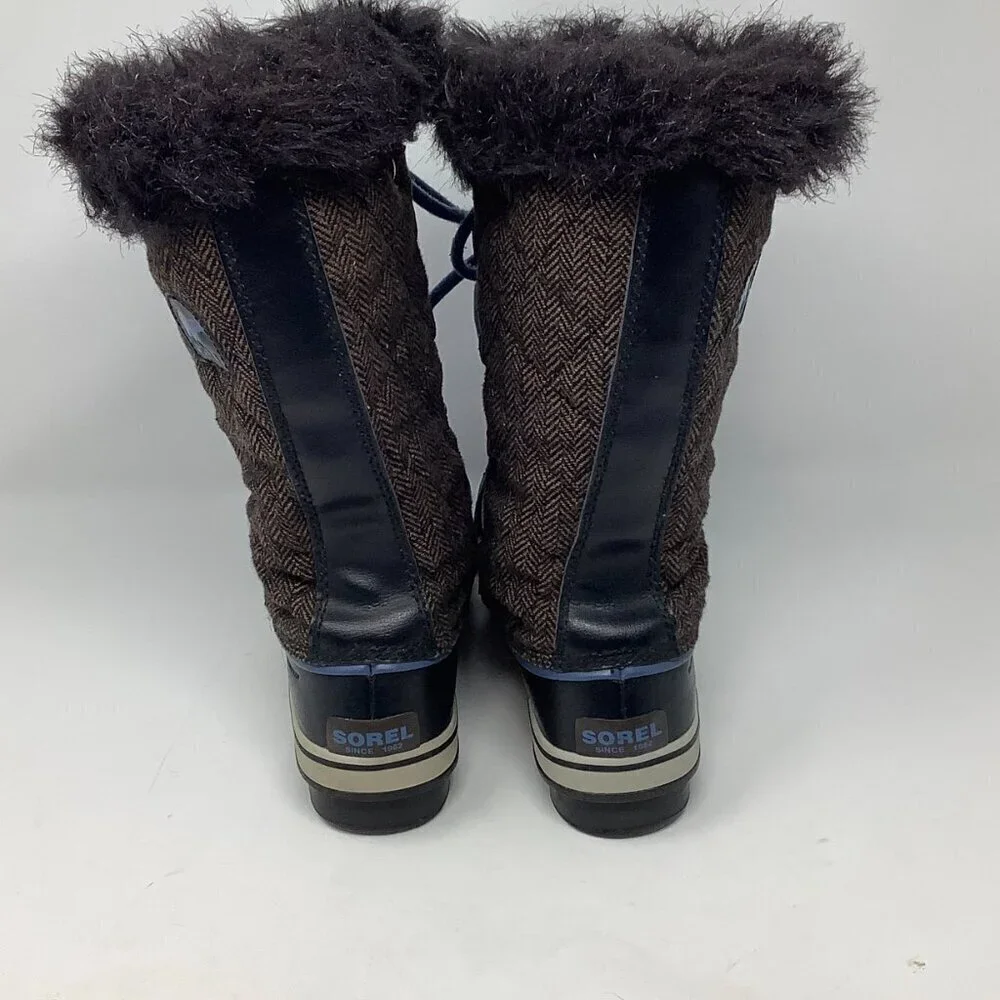 Sorel women's Tofino Herringbone tall boots 8.5 brown blue laces winter snow